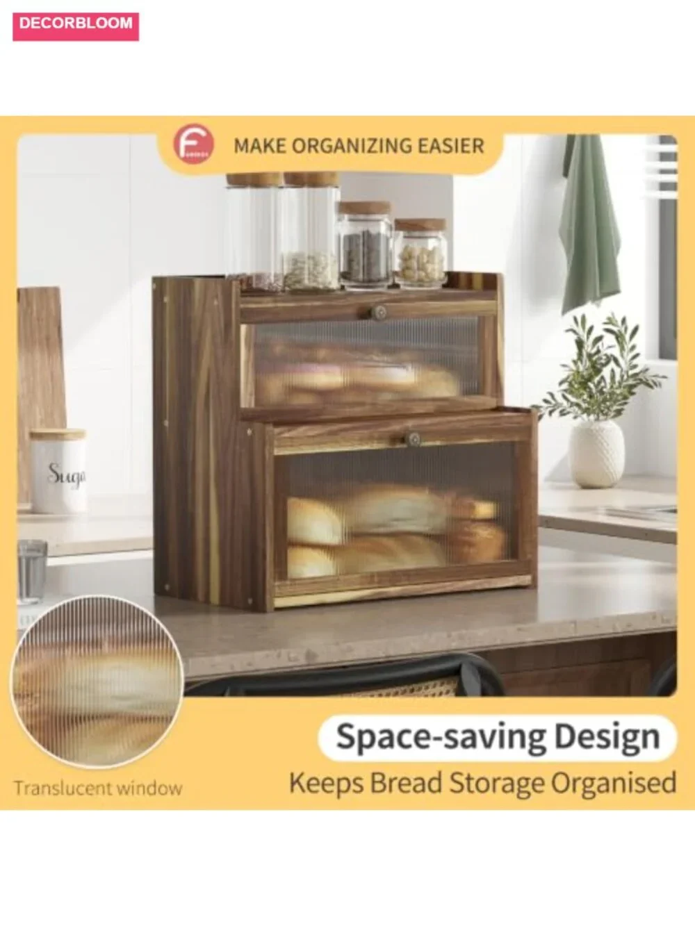 Farmhouse Acacia Wood Bread Box with Window Large Capacity Kitchen Storage